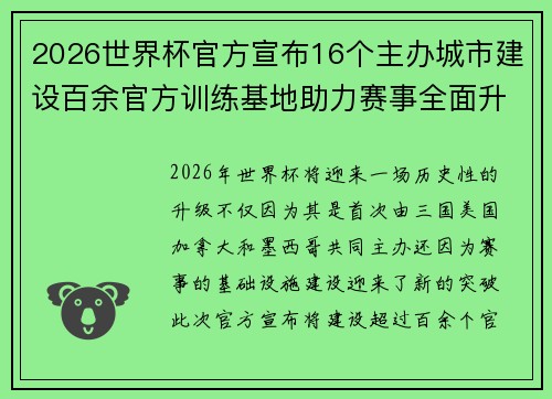 2026世界杯官方宣布16个主办城市建设百余官方训练基地助力赛事全面升级 ⚽