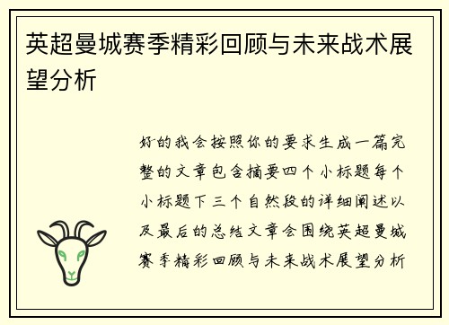 英超曼城赛季精彩回顾与未来战术展望分析 英超曼城赛季精彩回顾与未来战术展望分析